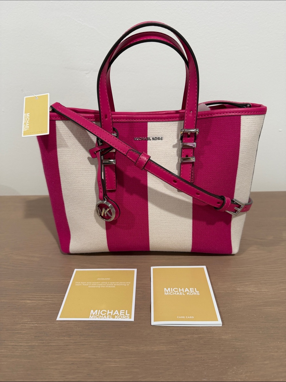 MICHAEL KORS NWT Small Quinn Striped
Canvas/Leather Convertible Tote/Crossbody